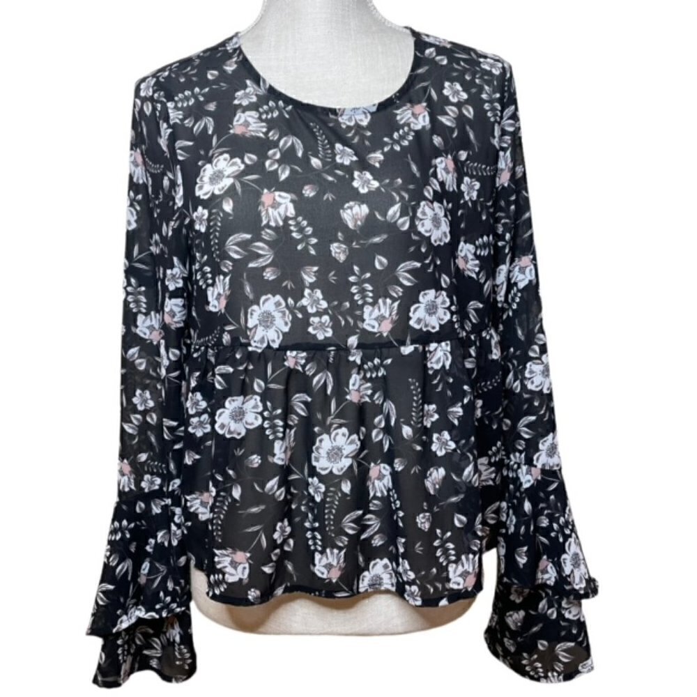 AEROPOSTALE Black Floral Print Top With Bell Sleeves - Size Medium